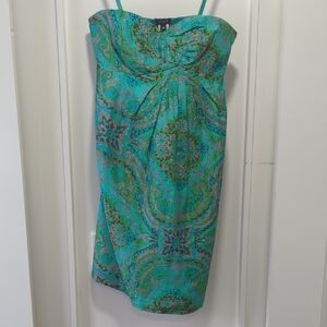 J. Crew Teal and Green Paisley Silk Strapless Dress Size 00